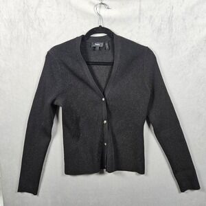 Theory Plaited Cardigan Womens Large Black Metallic Compact Crepe Button Up